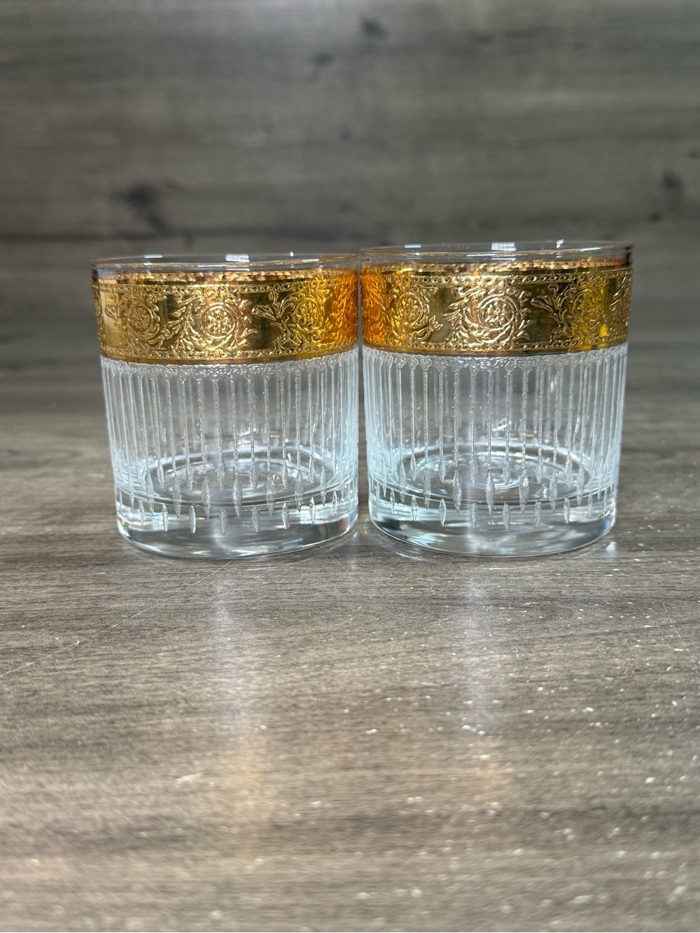 (2) Tyrol by Culver Double Old Fashion Whiskey Glass Gold Encrusted Band